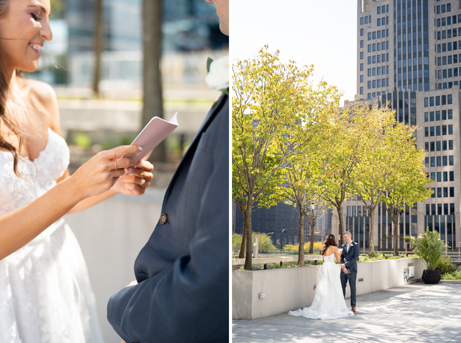 Bride and groom reading vows at Revel motor row Chicago wedding, photography by Allison Francois