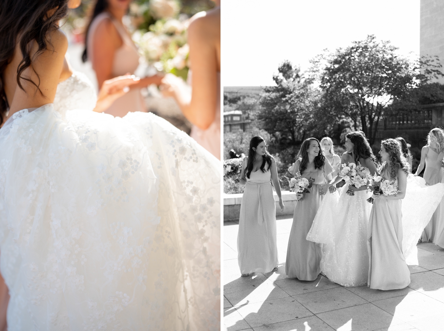 Bridesmaids and bride walking at Revel motor row, photography by Allison Francois