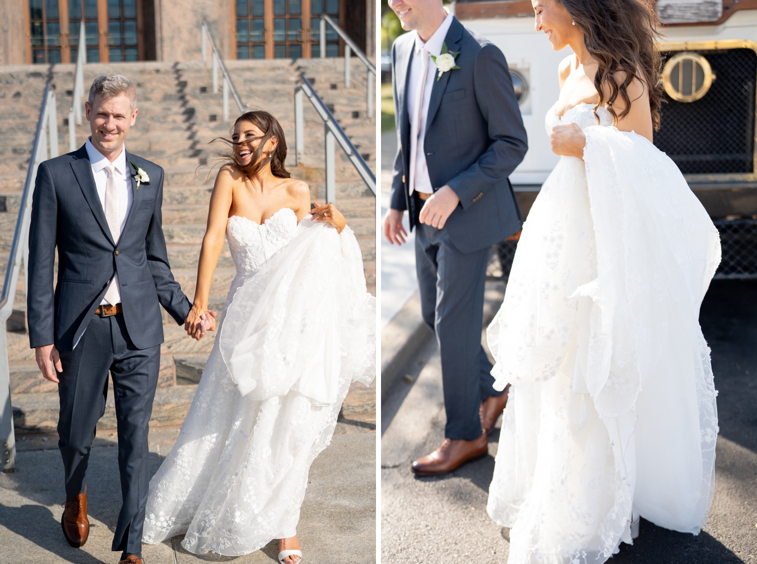 Bride and groom walking and laughing at Revel motor row, photography by Allison Francois