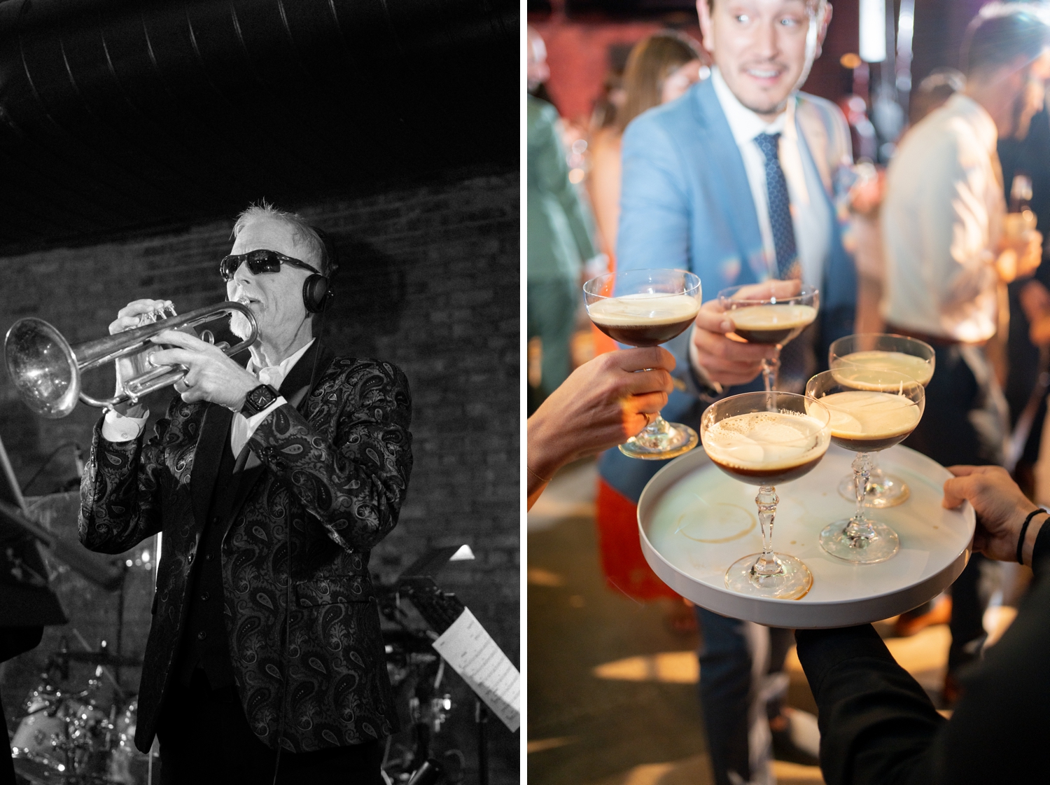 Groom playing instruments, and esspresso martinis at Revel Motor Row by Chicago Wedding Photographer Allison Francois