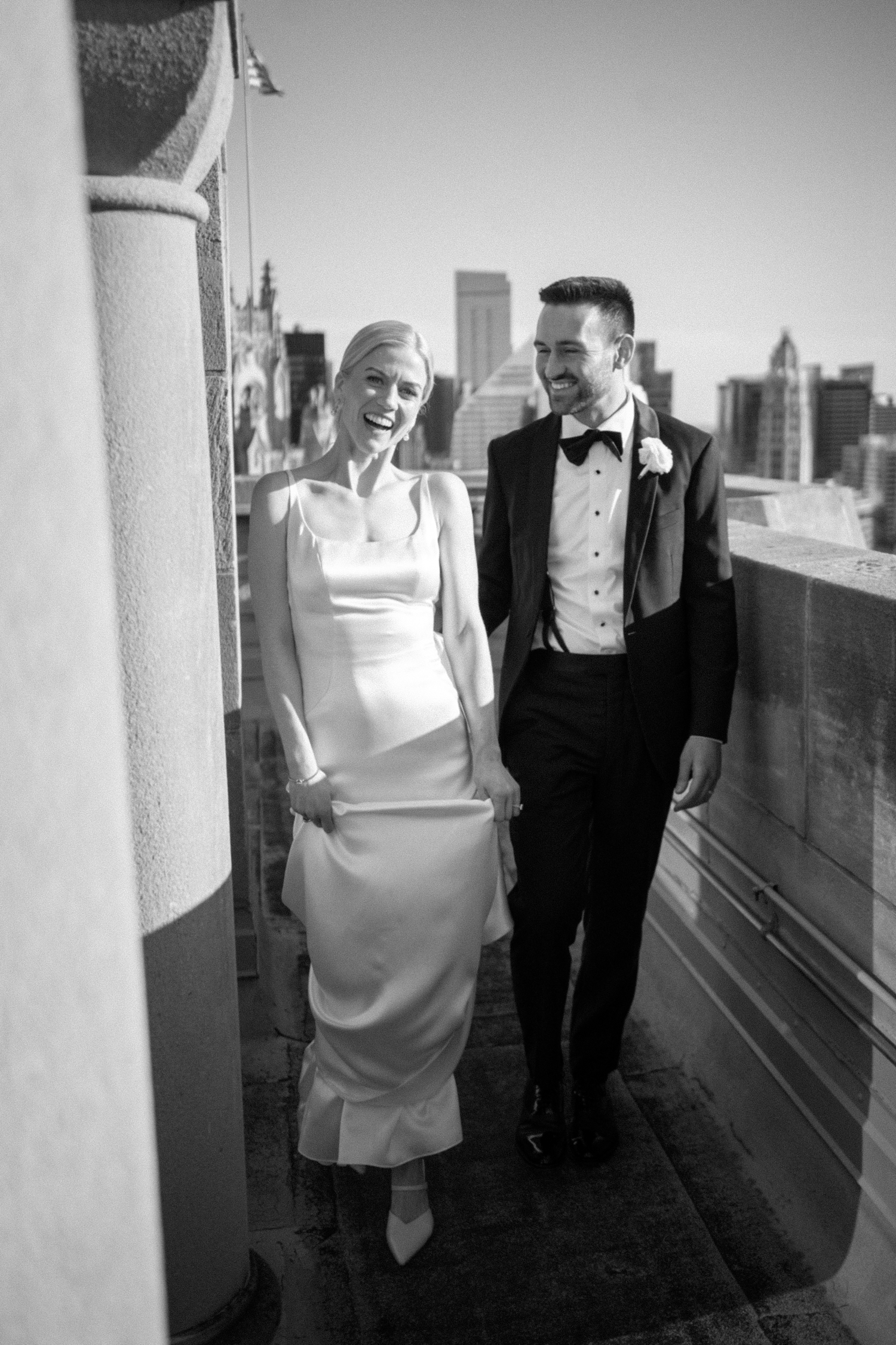 bride and groom smiling at continental hotel chicago
