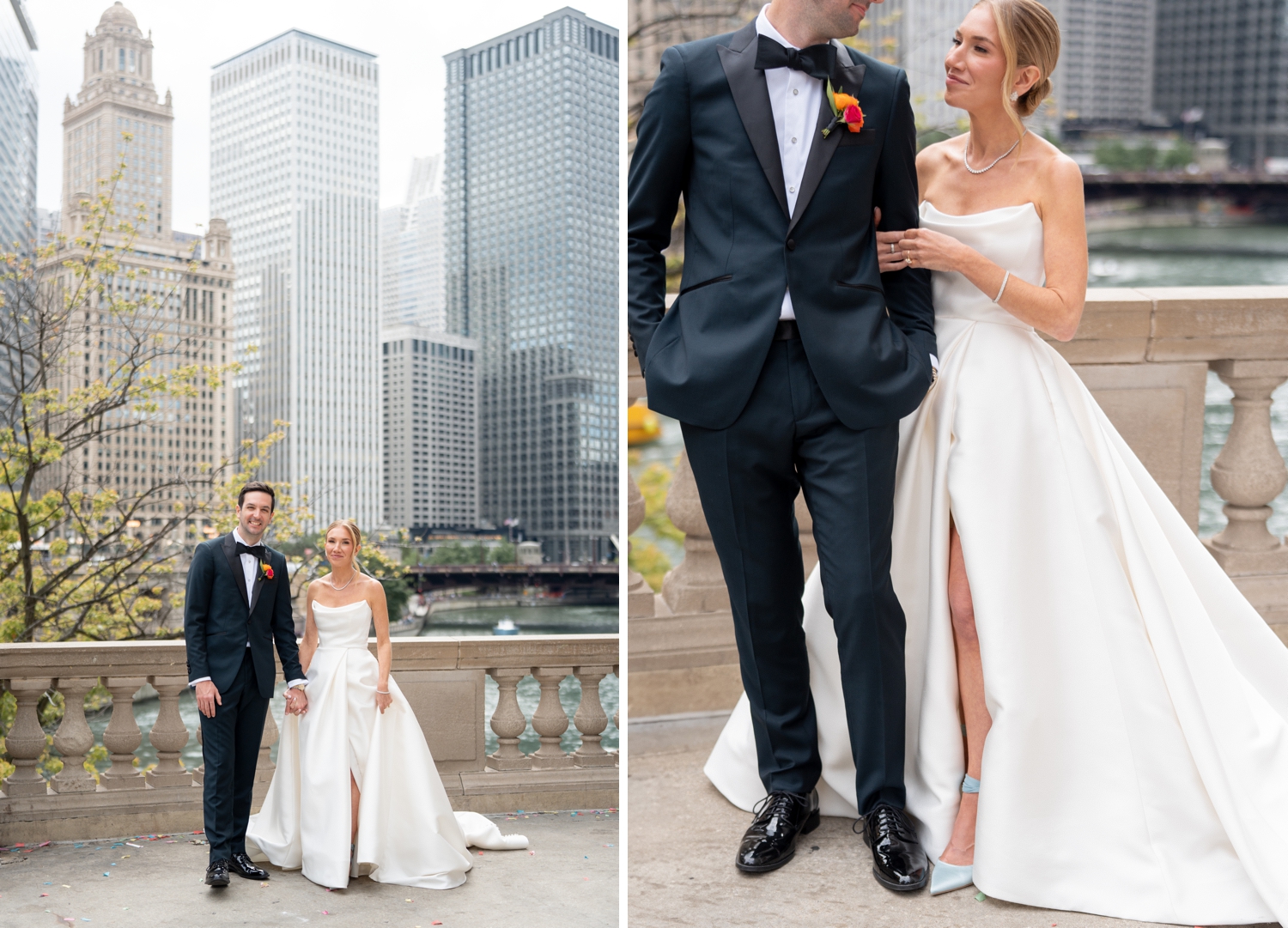 Bride and groom portraits outside chicago history museum wedding venue​

