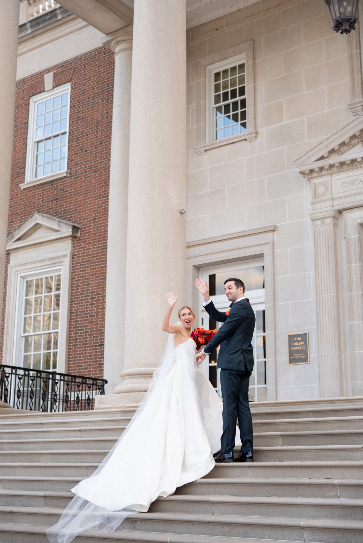 chicago history museum wedding photos​ on the stairs